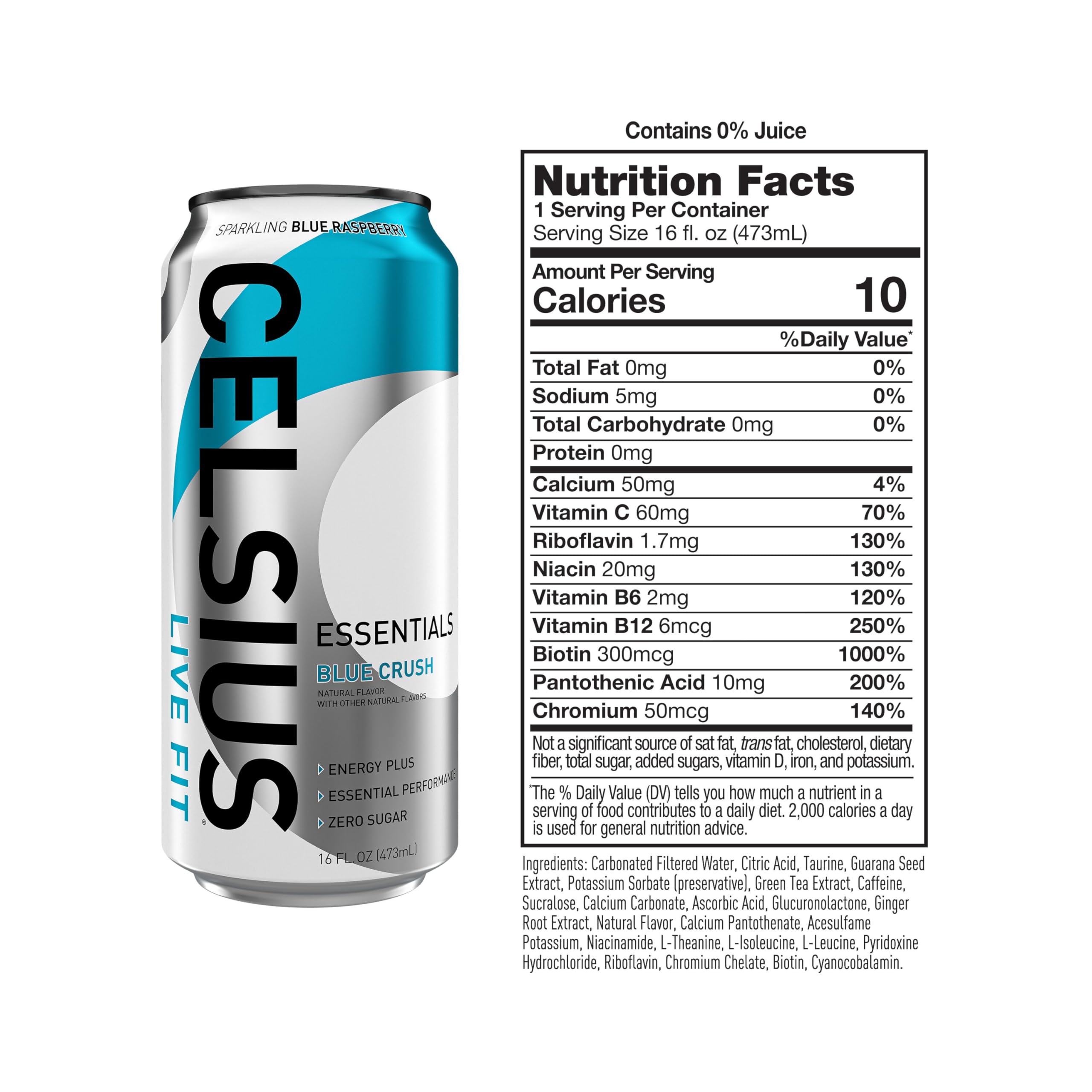 Celsius Essentials Sparkling Blue Crush can side view, sugar-free energy option.