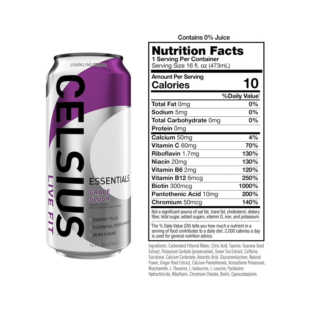 CELSIUS Essentials Sparkling Grape Slush can back shows sugar-free formula