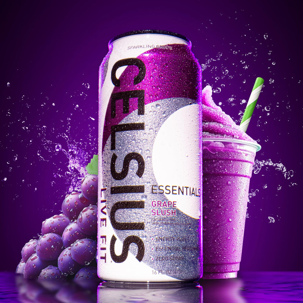 Ingredient close-up shows CELSIUS Essentials sugar-free formula and amino blend