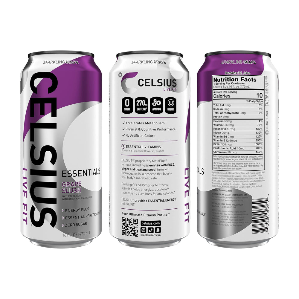 CELSIUS Essentials Sparkling Grape Slush label closeup highlights MetaPlus