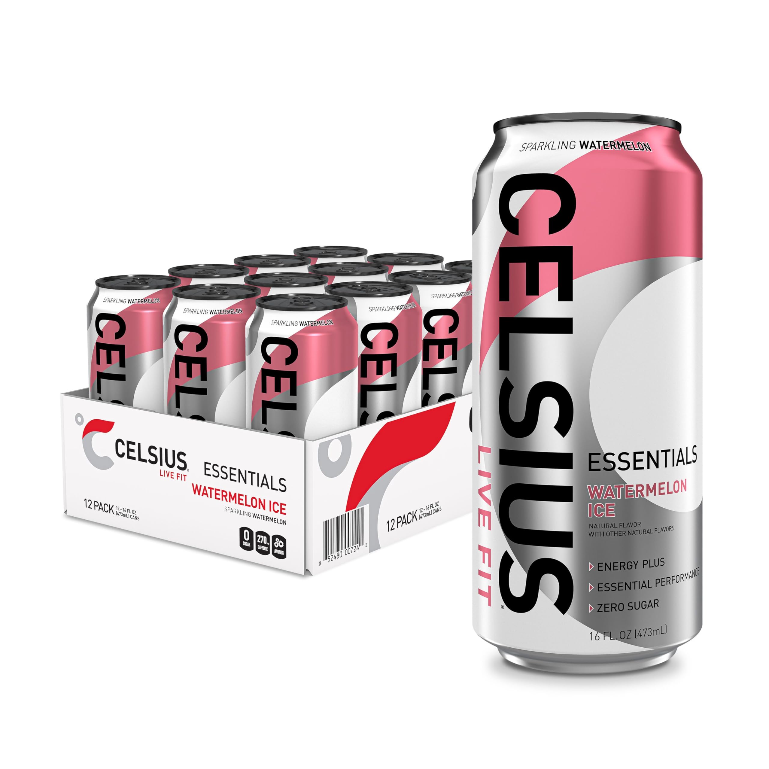 CELSIUS Essentials Sparkling Watermelon Ice can front for refreshing post-workout energy.
