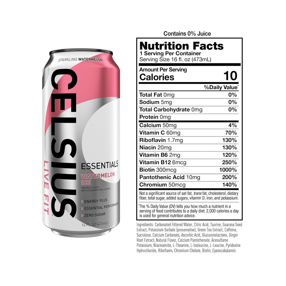 CELSIUS Essentials Sparkling Watermelon Ice can label closeup highlights nutrition facts.