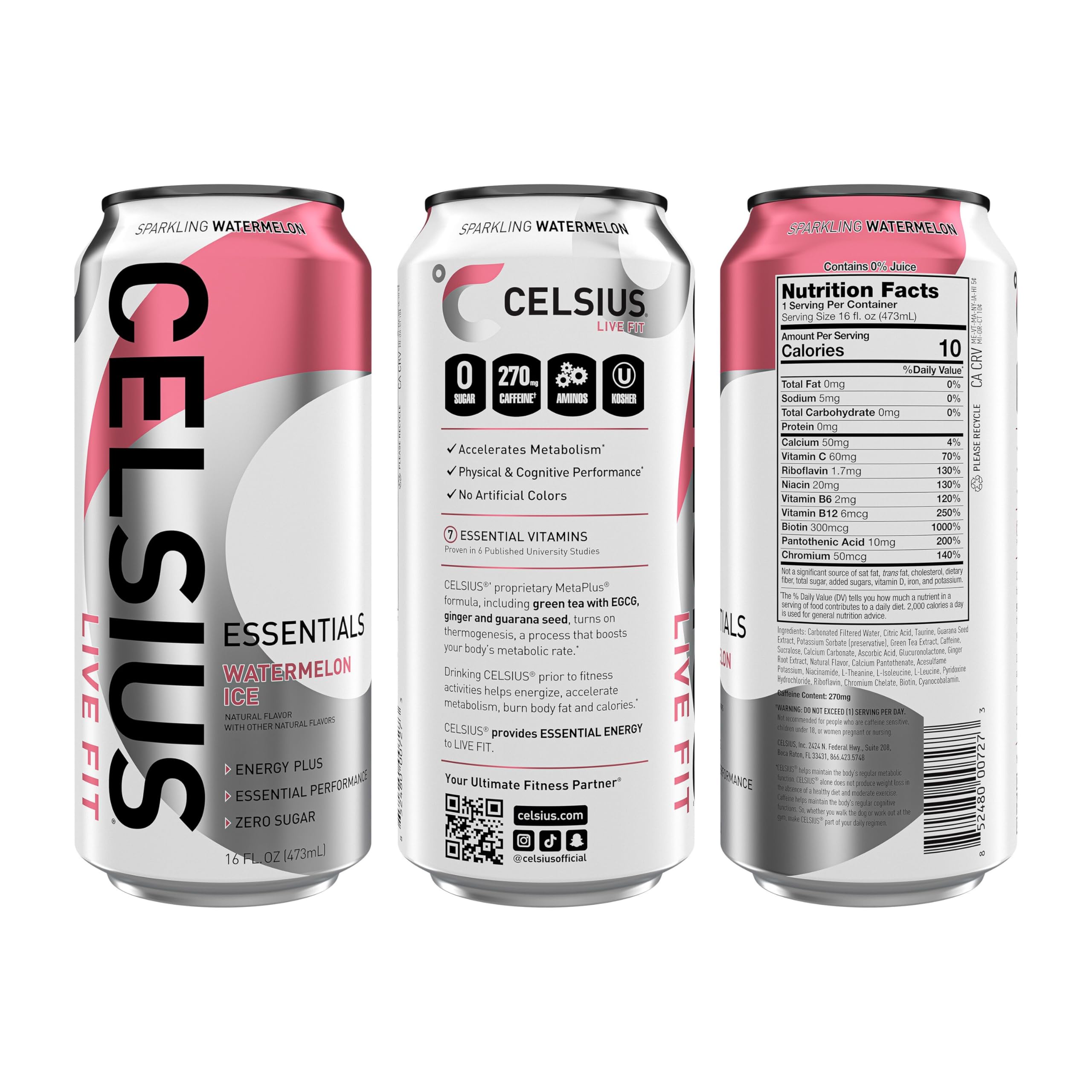 CELSIUS Essentials Sparkling Watermelon Ice can side view shows sugar free formula.