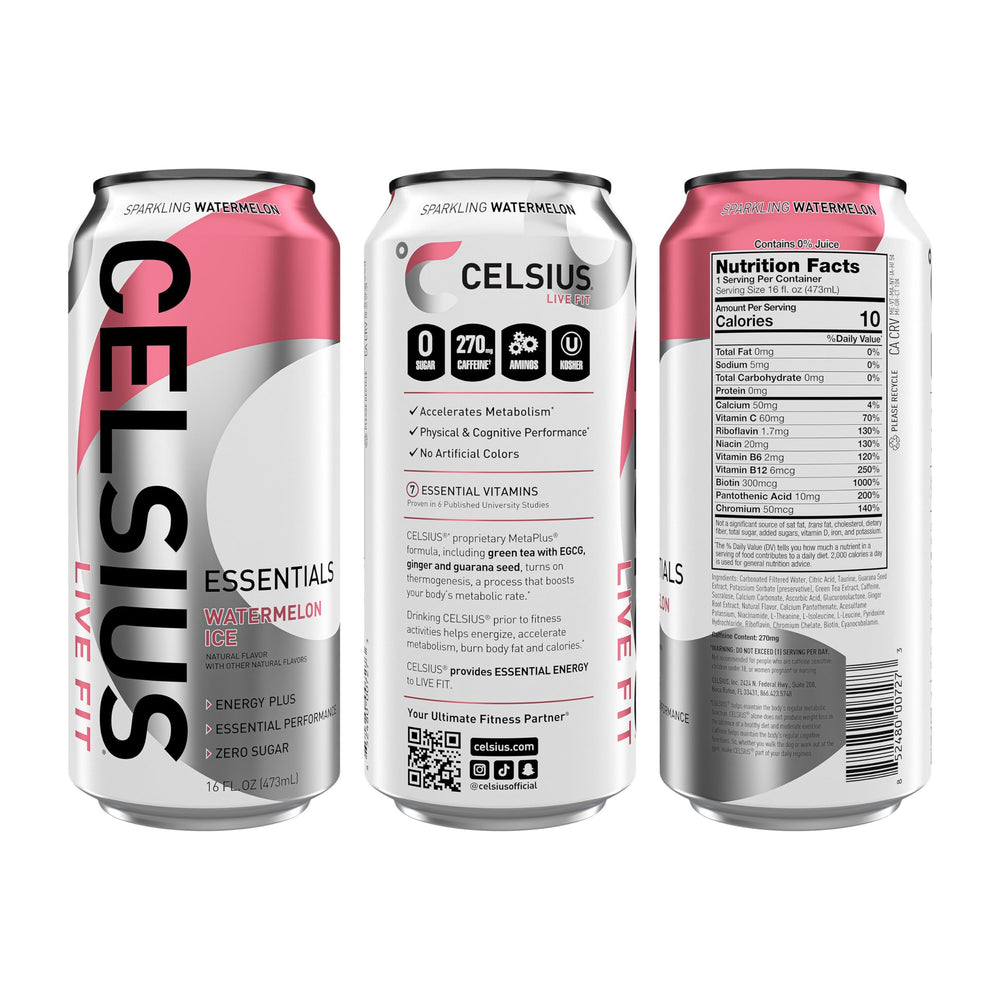 CELSIUS Essentials Sparkling Watermelon Ice can side view shows sugar free formula.
