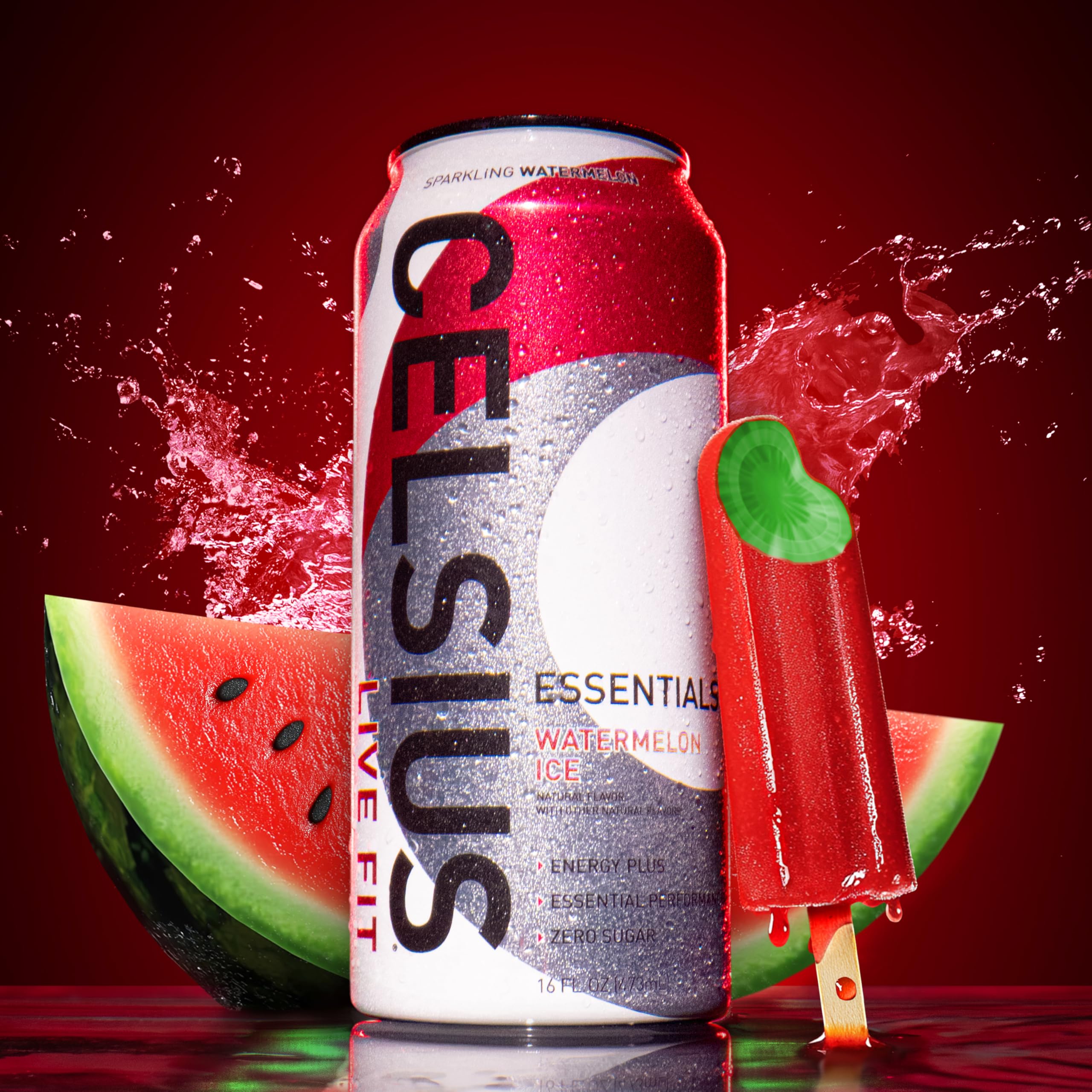 CELSIUS Essentials Sparkling Watermelon Ice cooling can with ice for a refreshing sip.