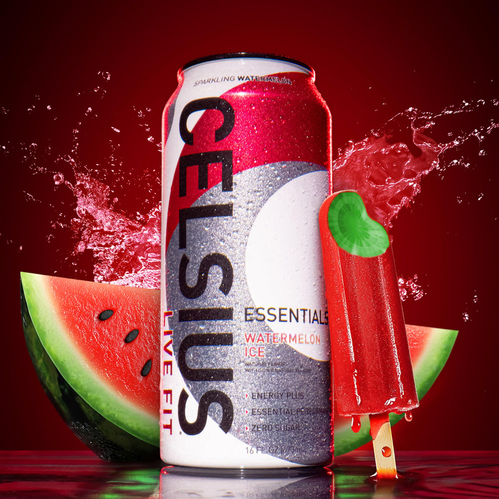 CELSIUS Essentials Sparkling Watermelon Ice cooling can with ice for a refreshing sip.