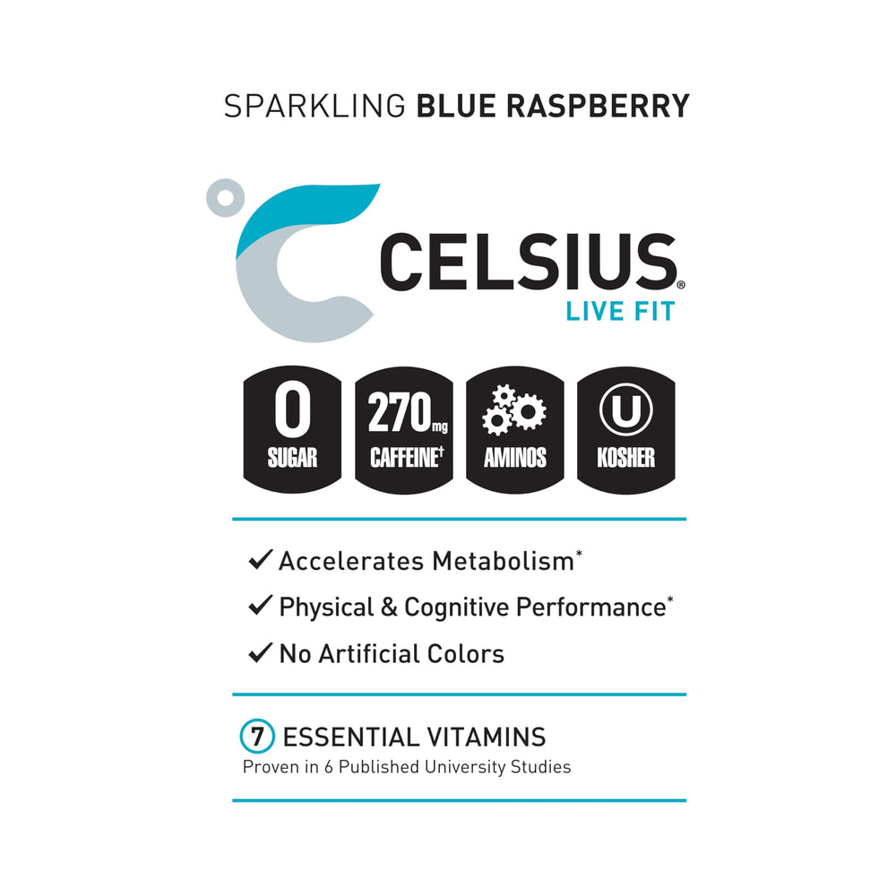 Celsius Essentials Sparkling Blue Crush label close-up, raspberry flavor detail.