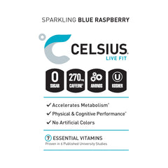 Celsius Essentials Sparkling Blue Crush label close-up, raspberry flavor detail.