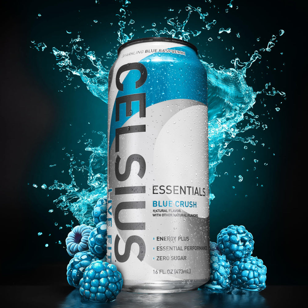 Celsius Essentials Sparkling Blue Crush in gym setting for training.