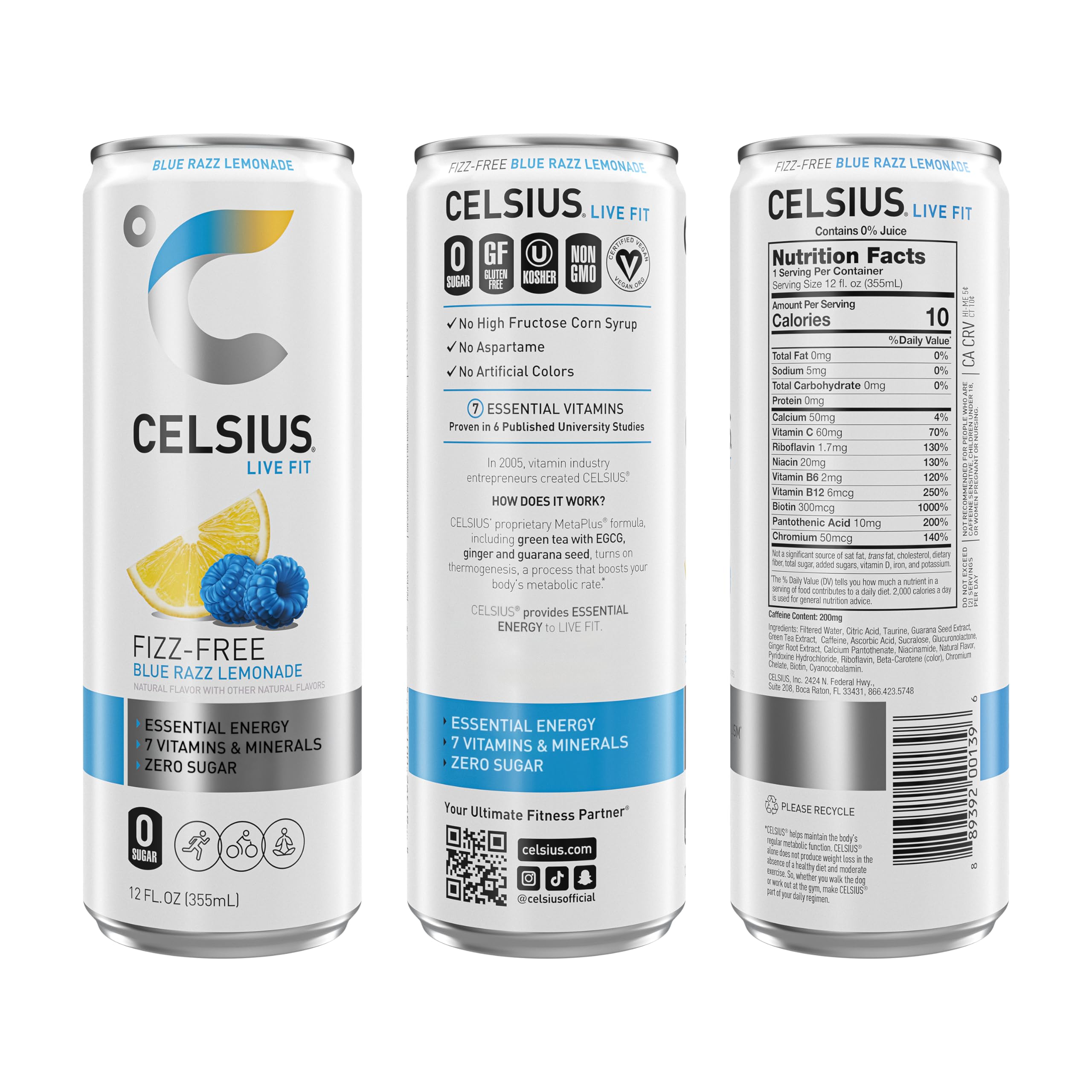 Glass and can display CELSIUS Blue Razz flavor and citrus finish for a refreshing taste.
