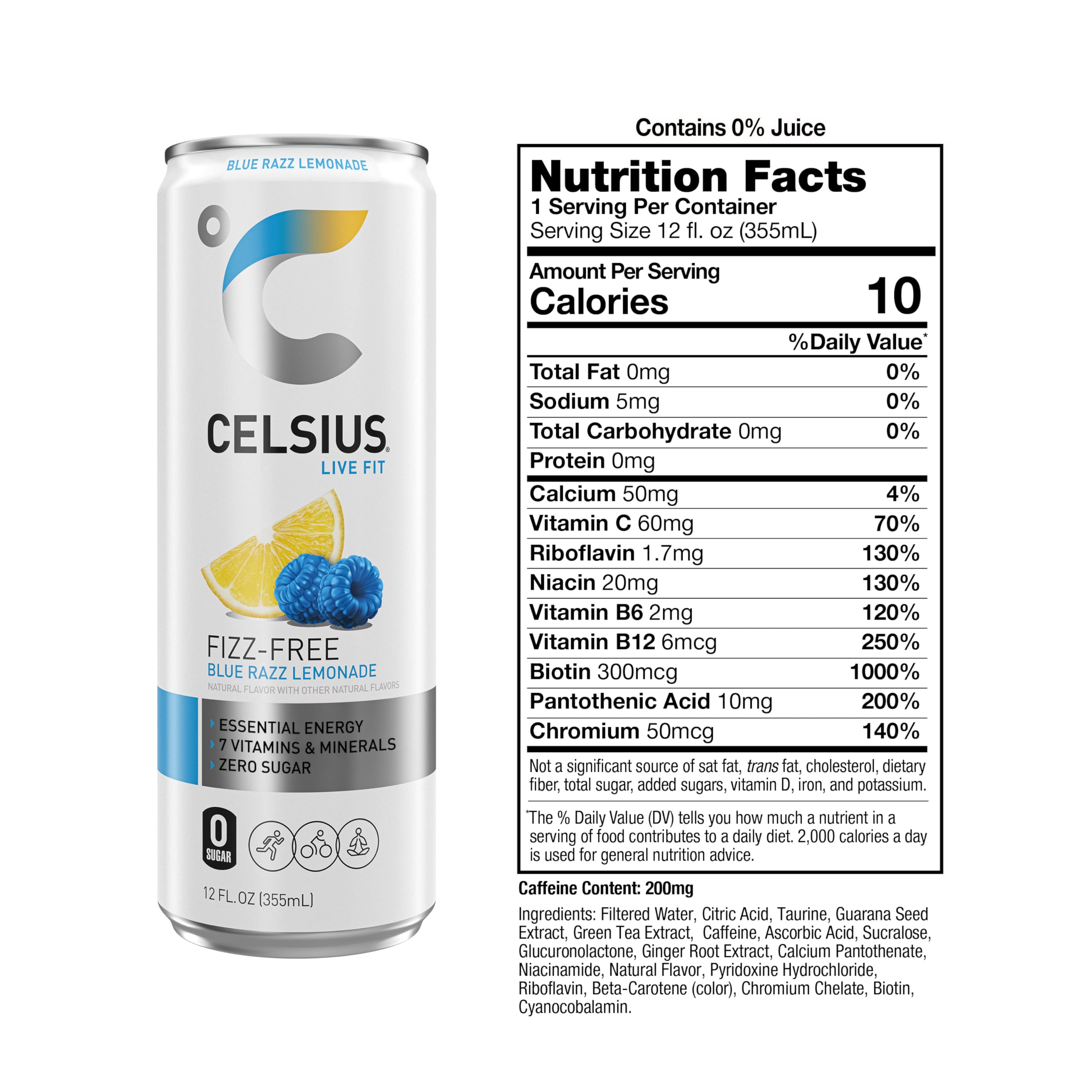 CELSIUS label close-up highlighting sugar-free formula and premium ingredients for active lifestyles.