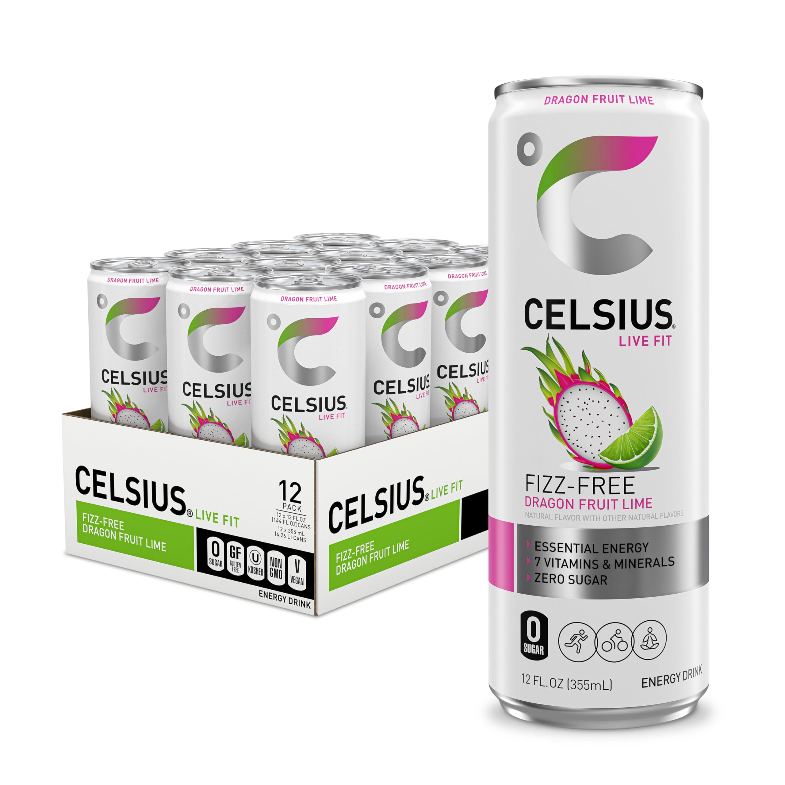 CELSIUS Fizz Free Dragon Fruit Lime bottle for a sugar-free energy boost.
