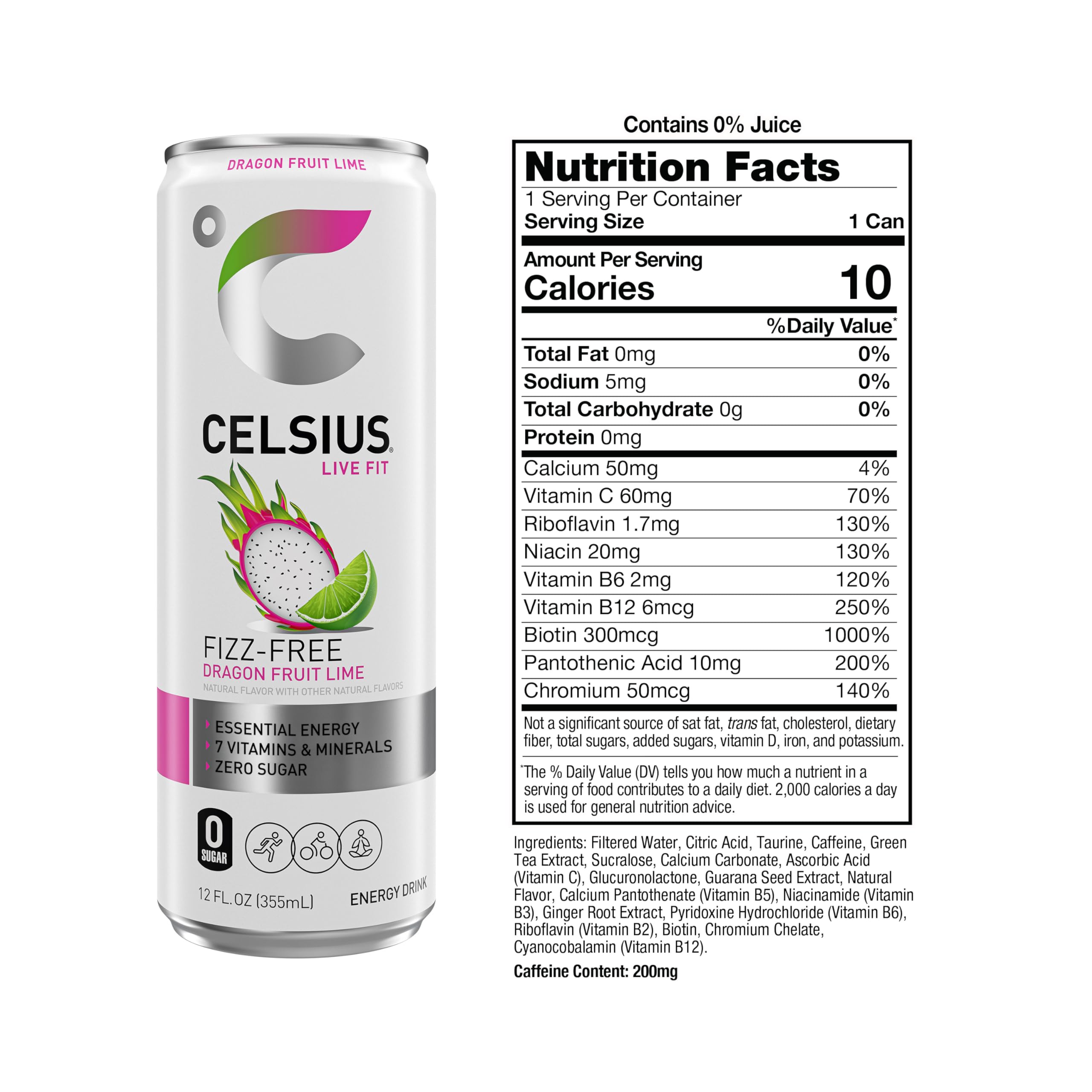 CELSIUS Fizz Free Dragon Fruit Lime can poured for an active day.