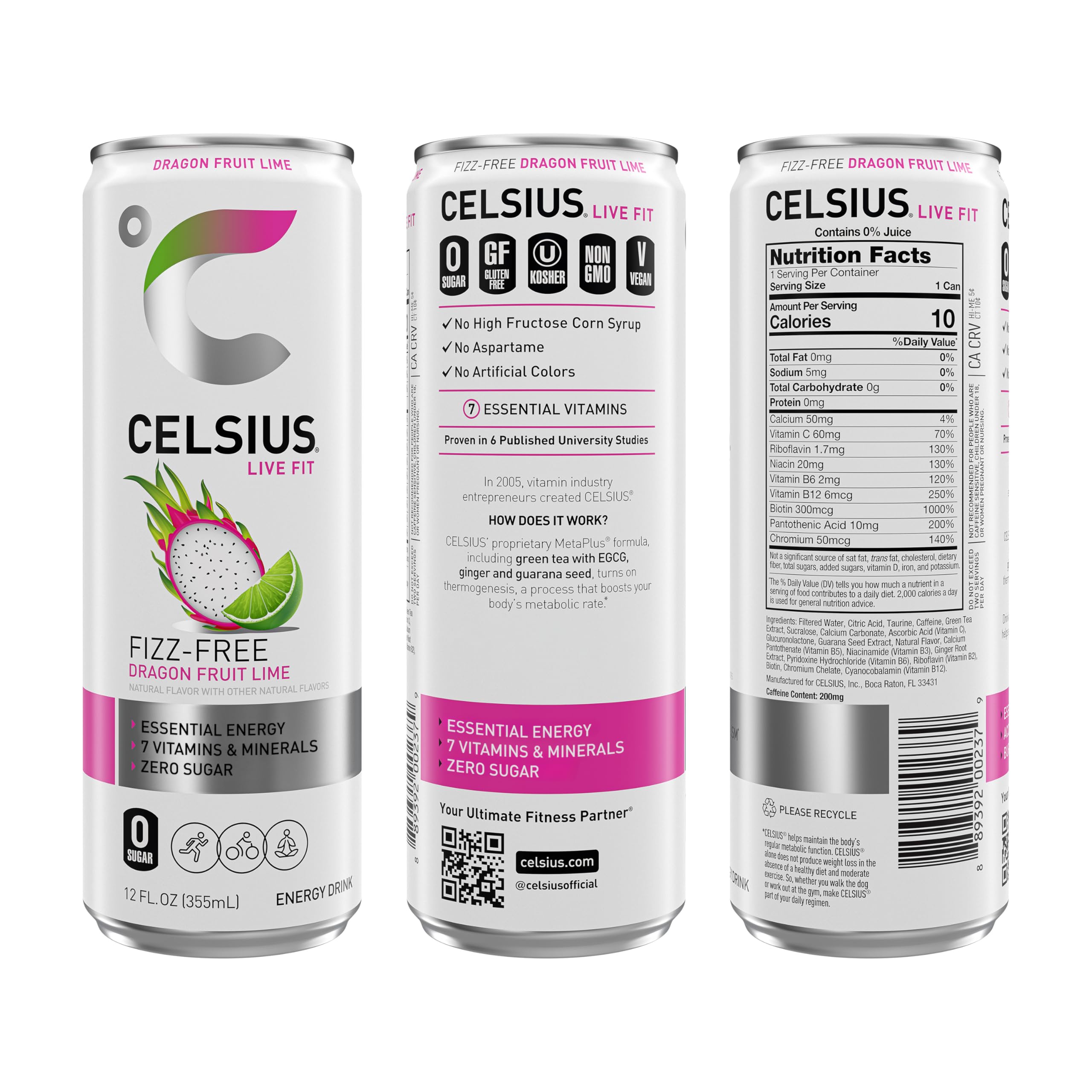 CELSIUS Fizz Free Dragon Fruit Lime label highlights premium ingredients and caffeine.