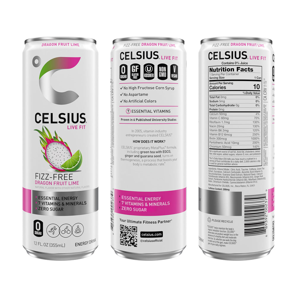 CELSIUS Fizz Free Dragon Fruit Lime label highlights premium ingredients and caffeine.