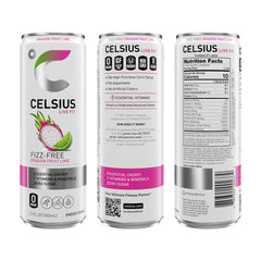 CELSIUS Fizz Free Dragon Fruit Lime label highlights premium ingredients and caffeine.