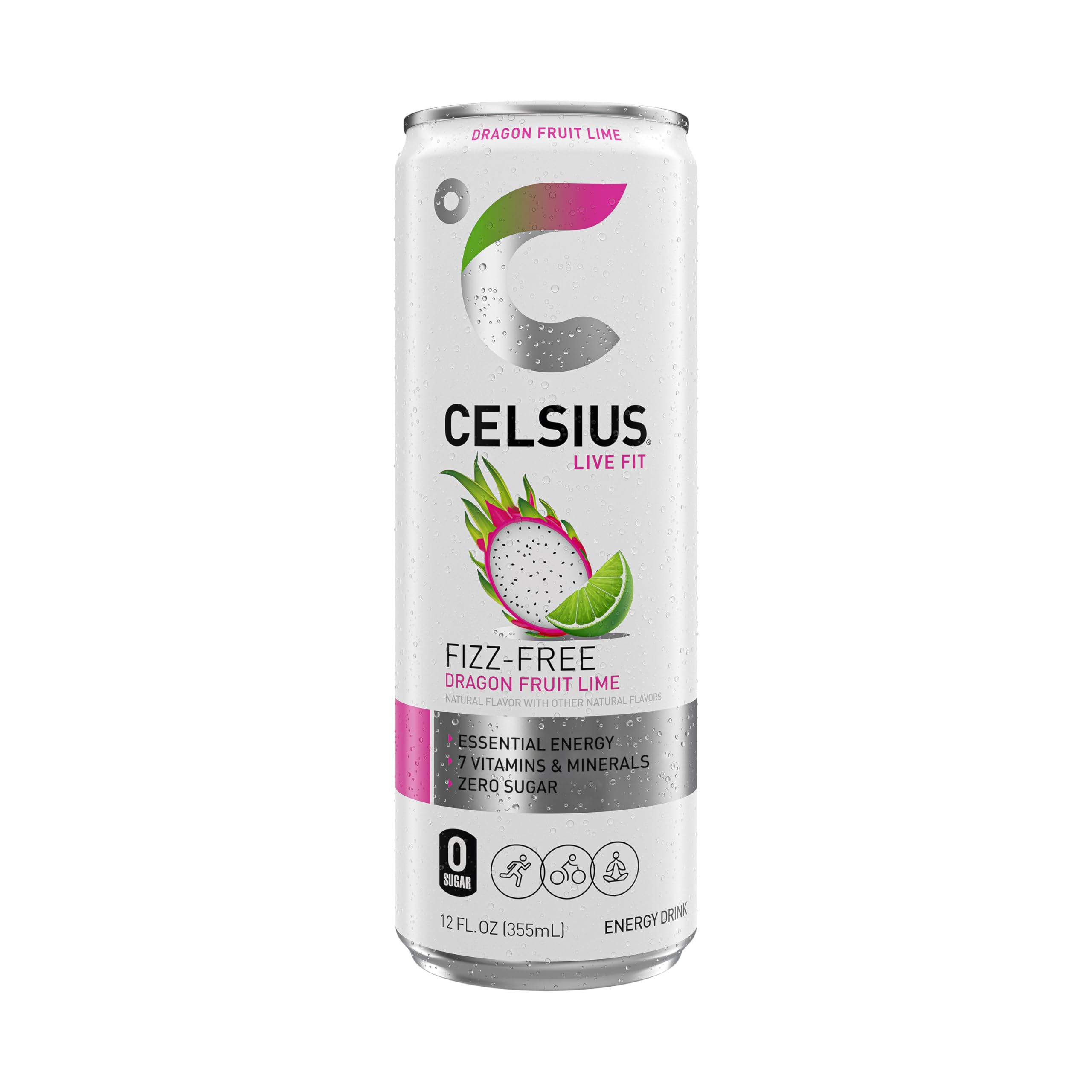 CELSIUS Fizz Free Dragon Fruit Lime packaging communicates sugar-free promise.