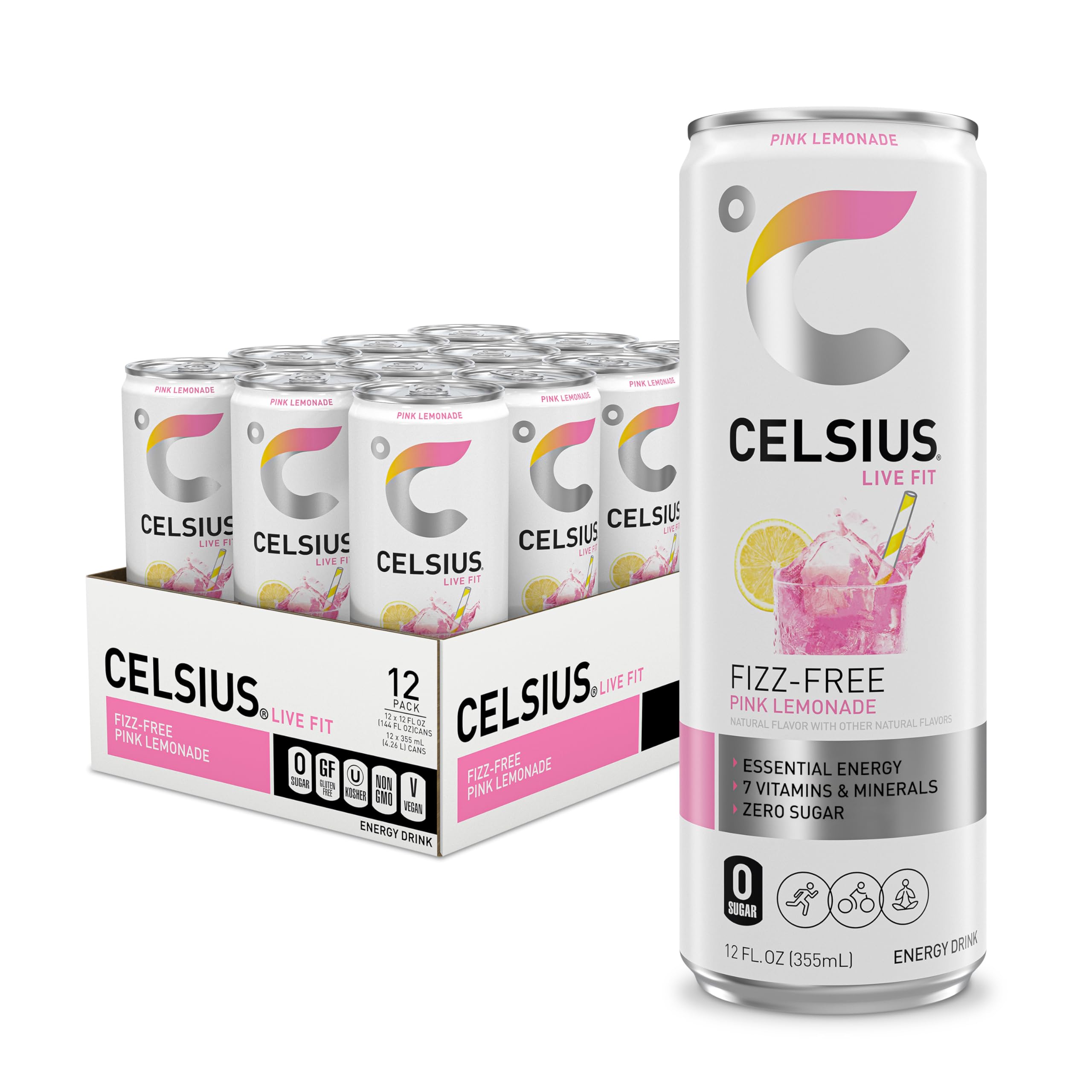 Celsius Fizz Free Pink Lemonade bottle with bold label for energy on the go