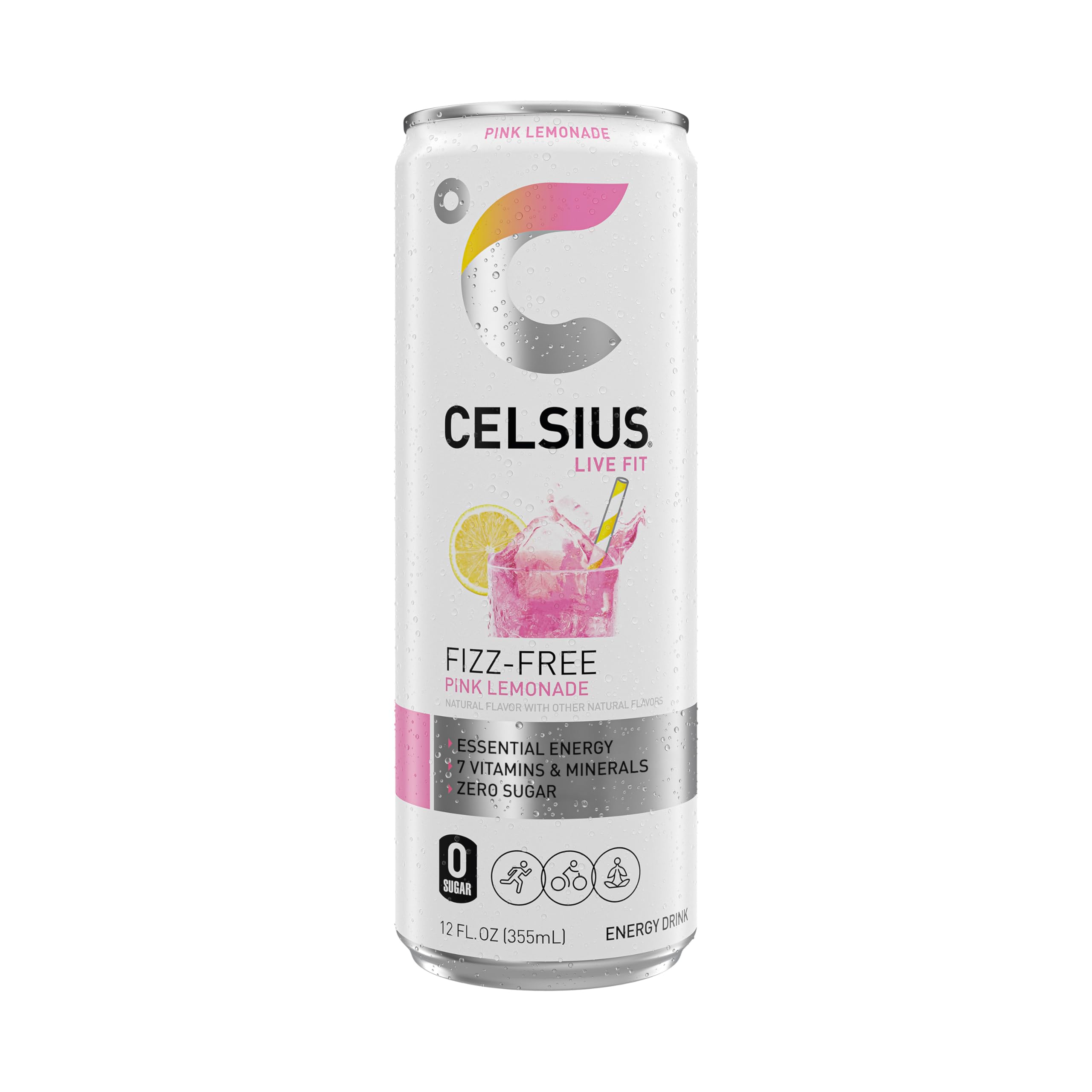 Celsius Fizz Free Pink Lemonade with ice cubes for cooling hydration