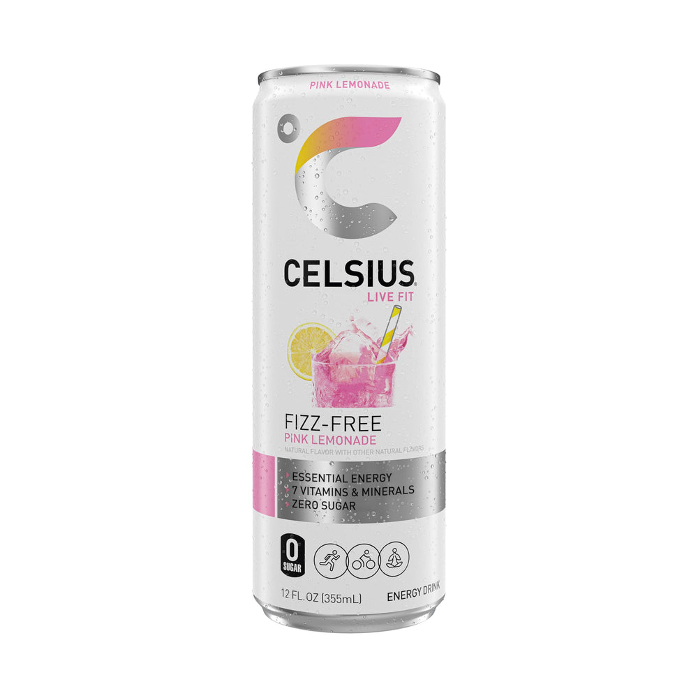 Celsius Fizz Free Pink Lemonade with ice cubes for cooling hydration