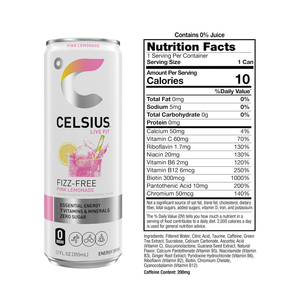 Celsius Fizz Free Pink Lemonade close-up of the label highlighting zero sugar