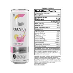 Celsius Fizz Free Pink Lemonade close-up of the label highlighting zero sugar