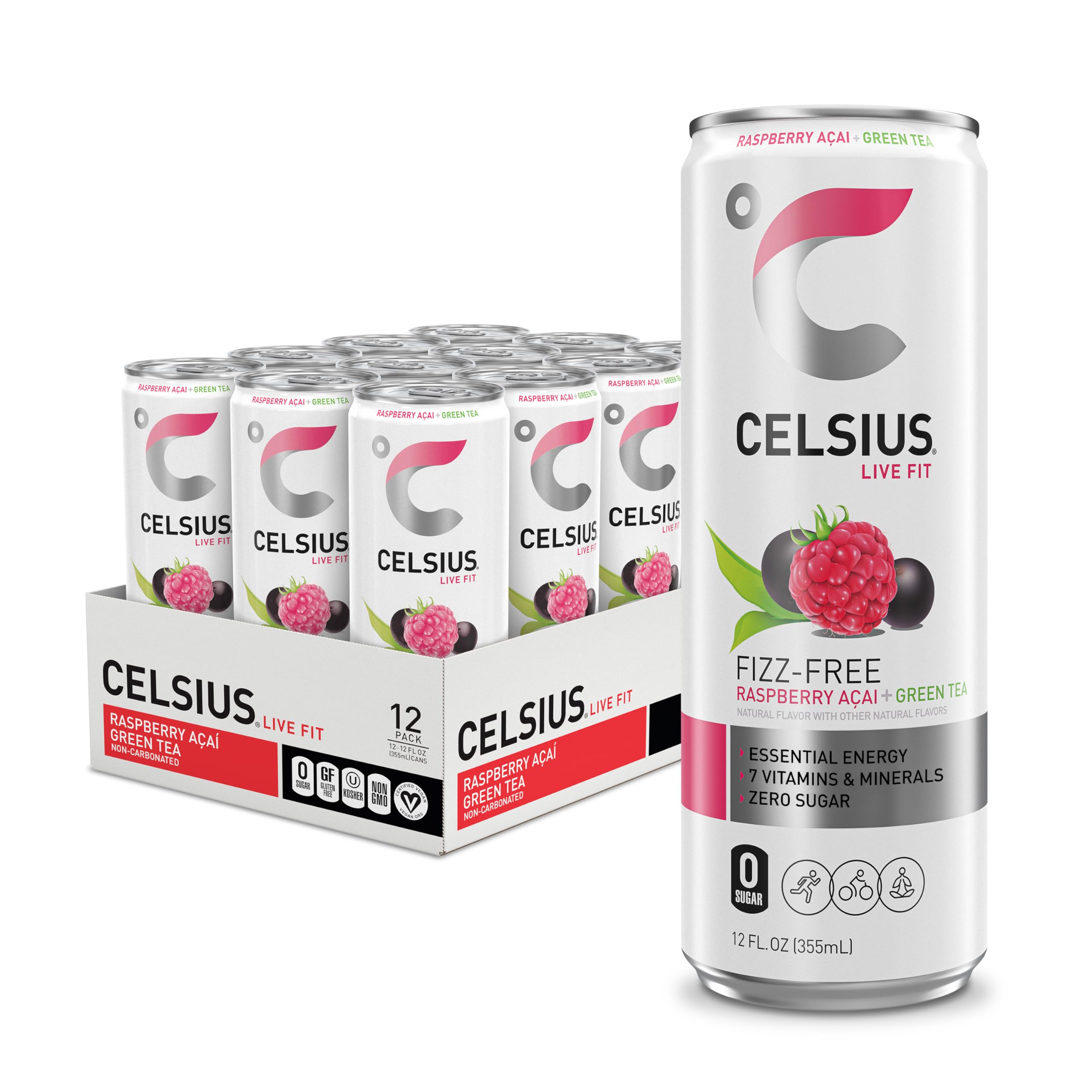 CELSIUS Raspberry Acai Green Tea bottle ready for on-the-go energy.