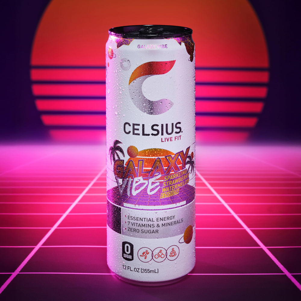 Celsius Galaxy Vibe can with bold artwork supports quick energy boosts.