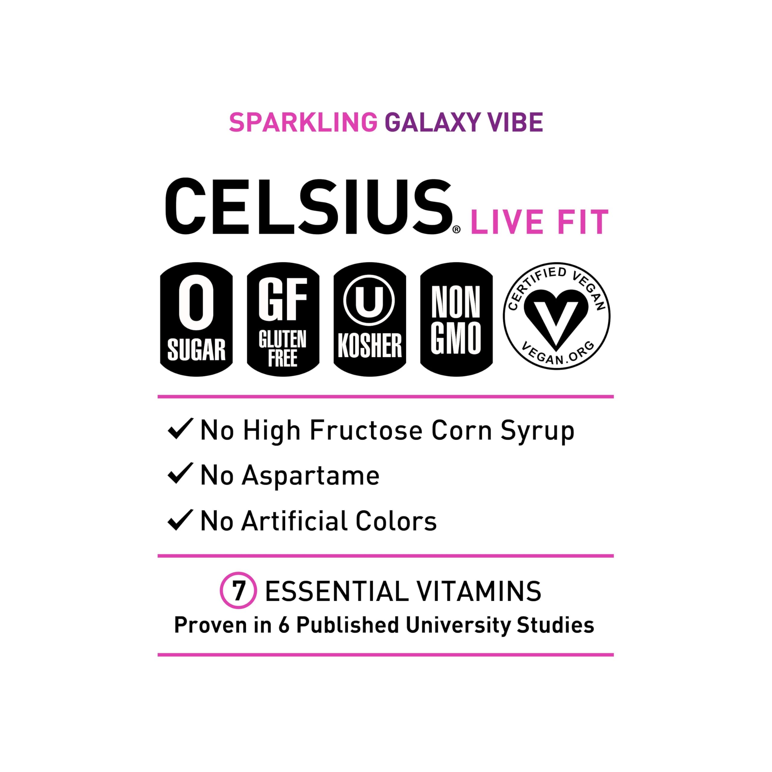 Celsius Galaxy Vibe close-up reveals sparkling bubbles and fruity flavor for workouts.