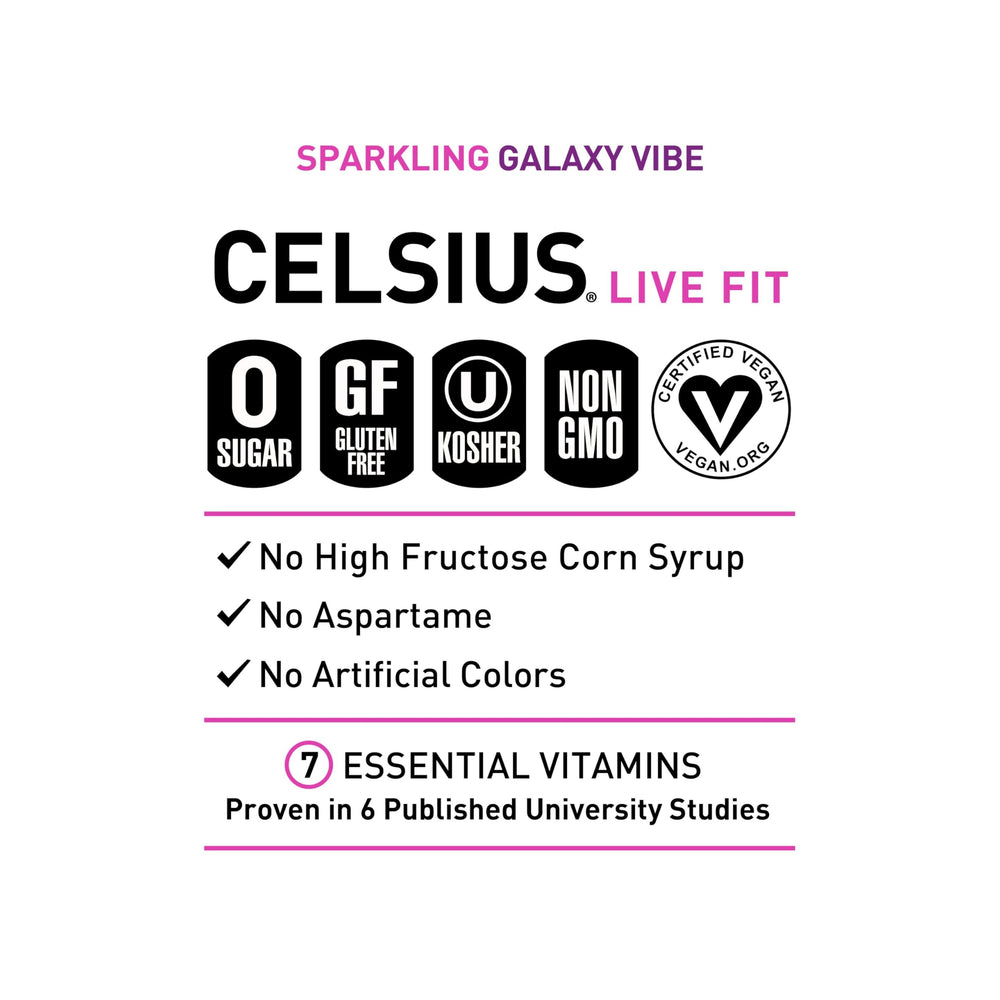 Celsius Galaxy Vibe close-up reveals sparkling bubbles and fruity flavor for workouts.