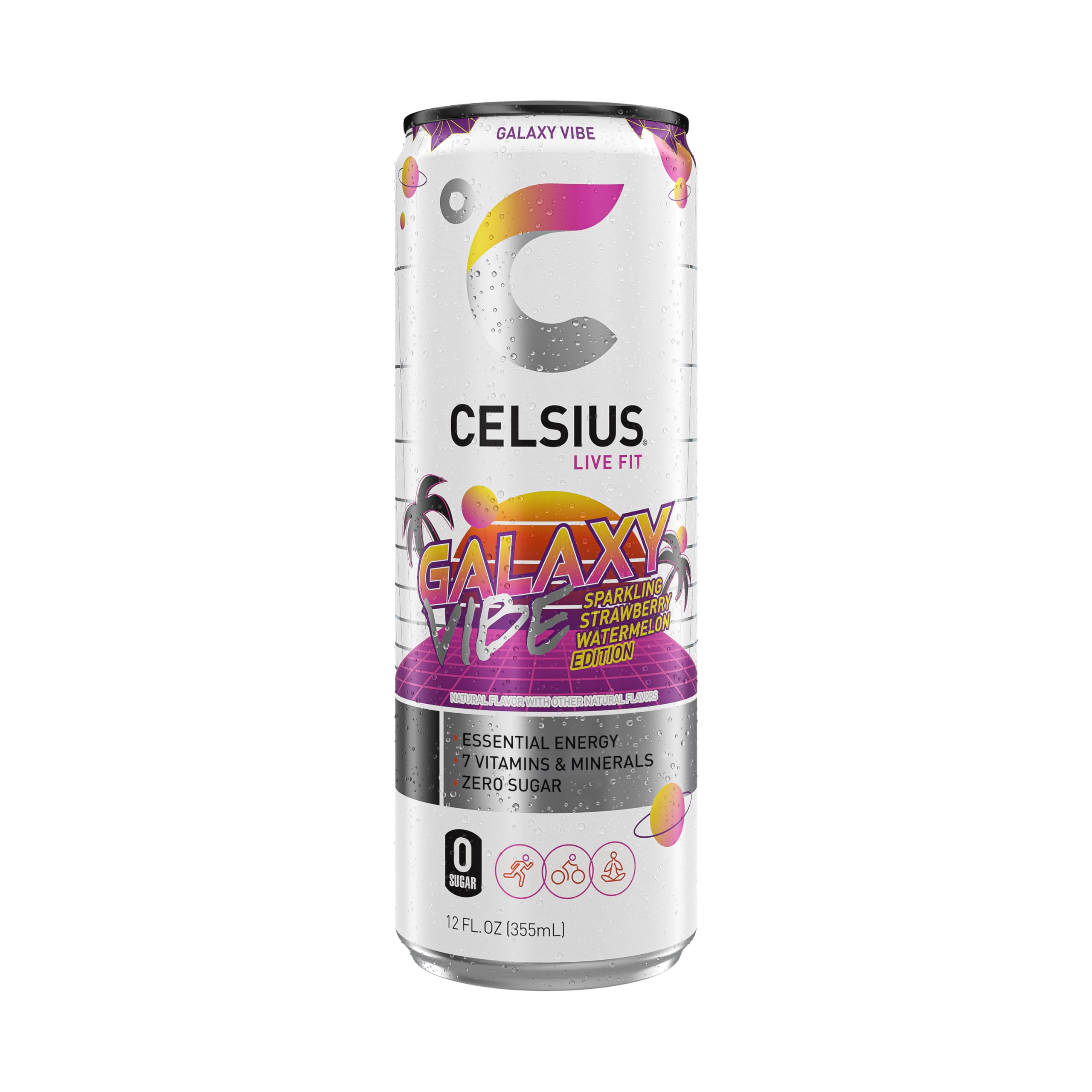 Celsius Galaxy Vibe can on shelf evokes fitness lifestyle.