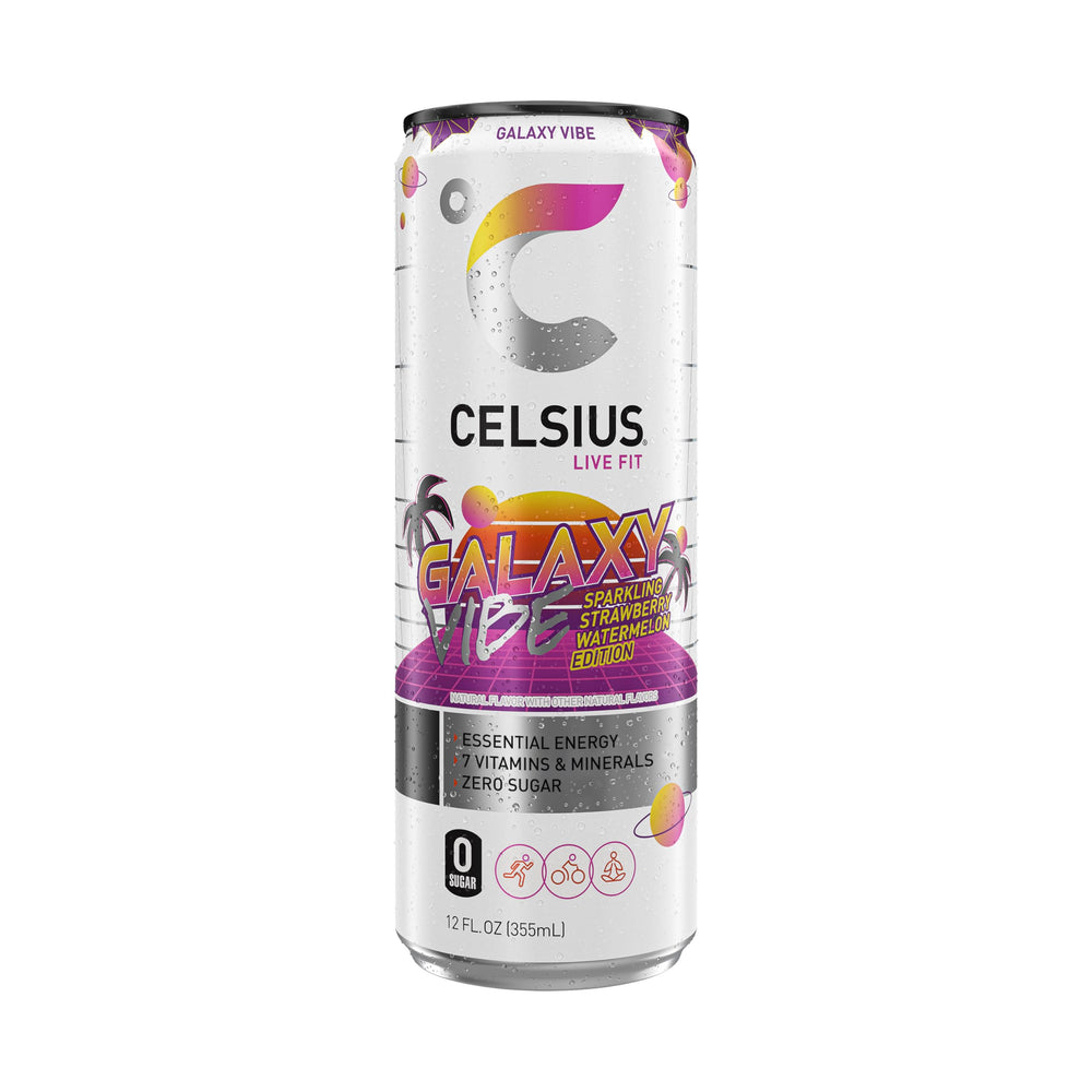 Celsius Galaxy Vibe can on shelf evokes fitness lifestyle.