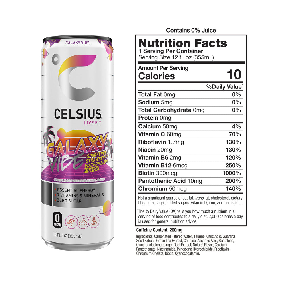 Celsius Galaxy Vibe can side highlights zero sugar and clean energy.