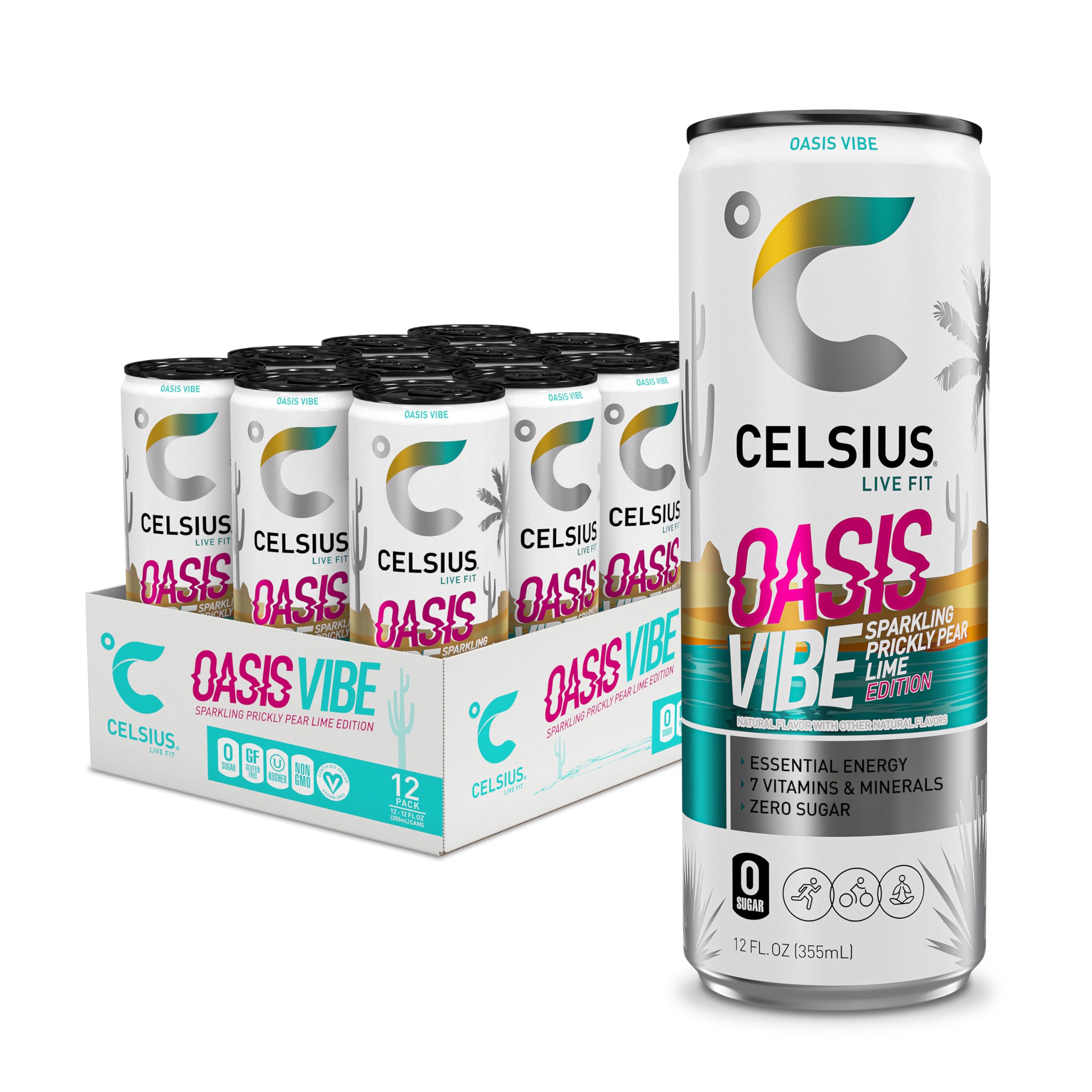 CELSIUS Oasis Vibe Prickly Pear Lime can front display, ready for a bold energy boost.