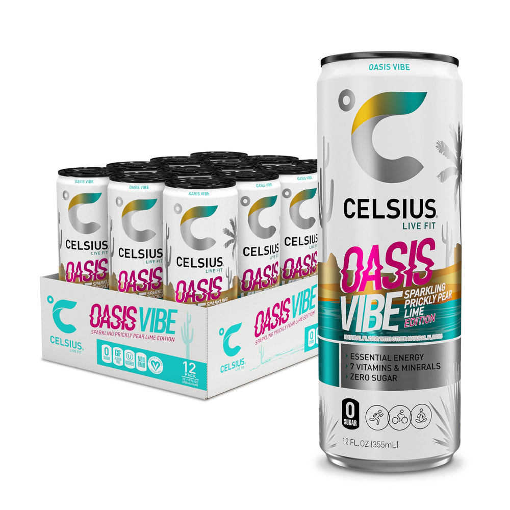 CELSIUS Oasis Vibe Prickly Pear Lime can front display, ready for a bold energy boost.