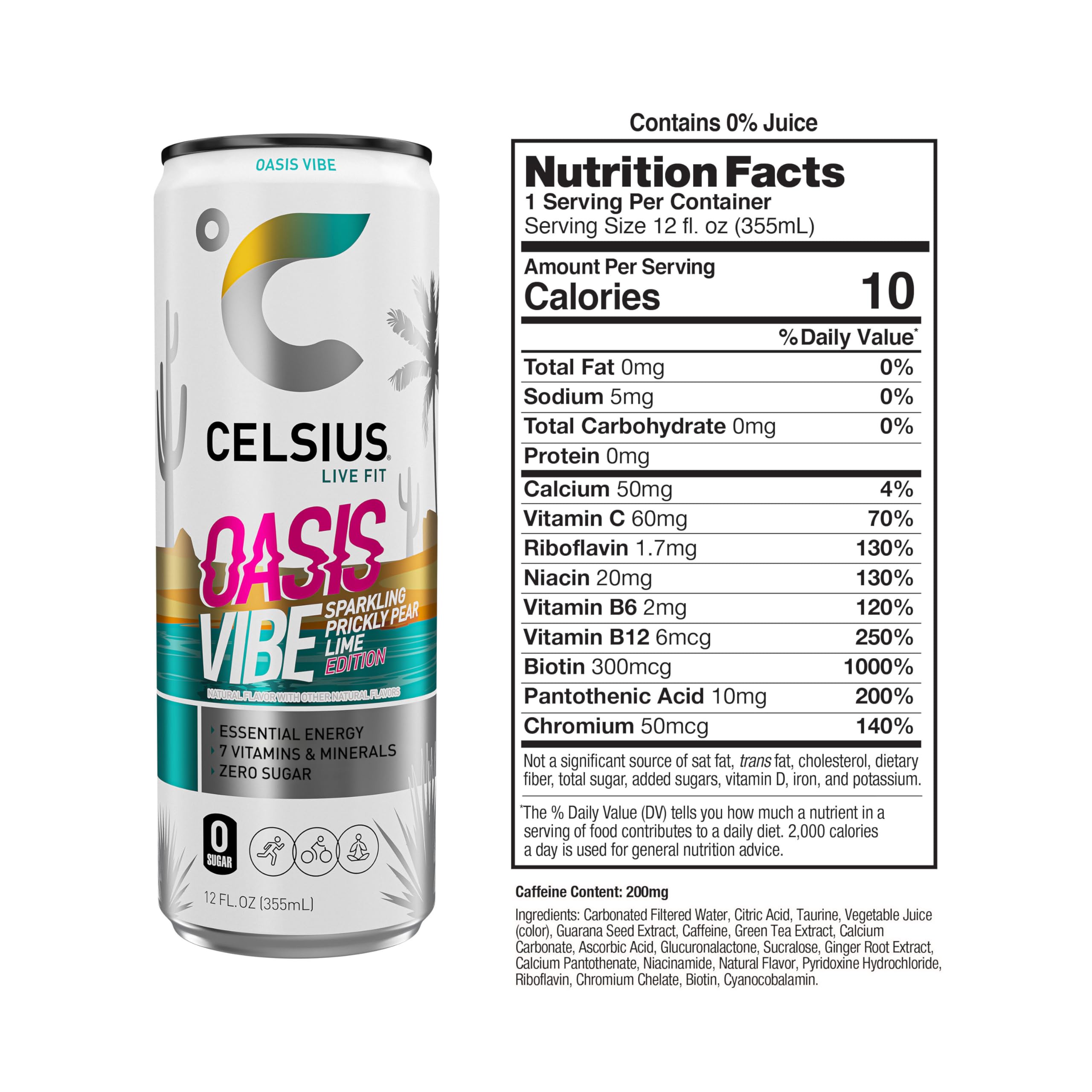 CELSIUS Oasis Vibe Prickly Pear Lime can side view, compact on-the-go energy.