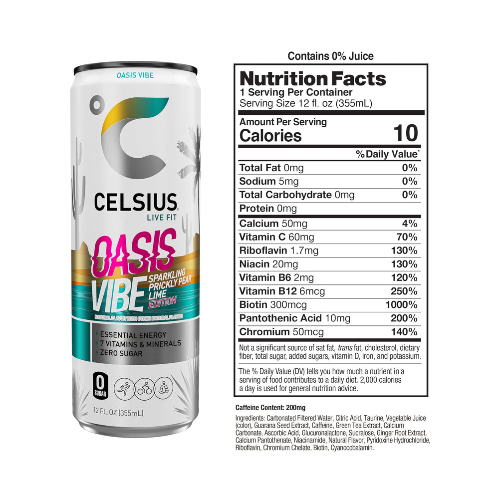 CELSIUS Oasis Vibe Prickly Pear Lime can side view, compact on-the-go energy.
