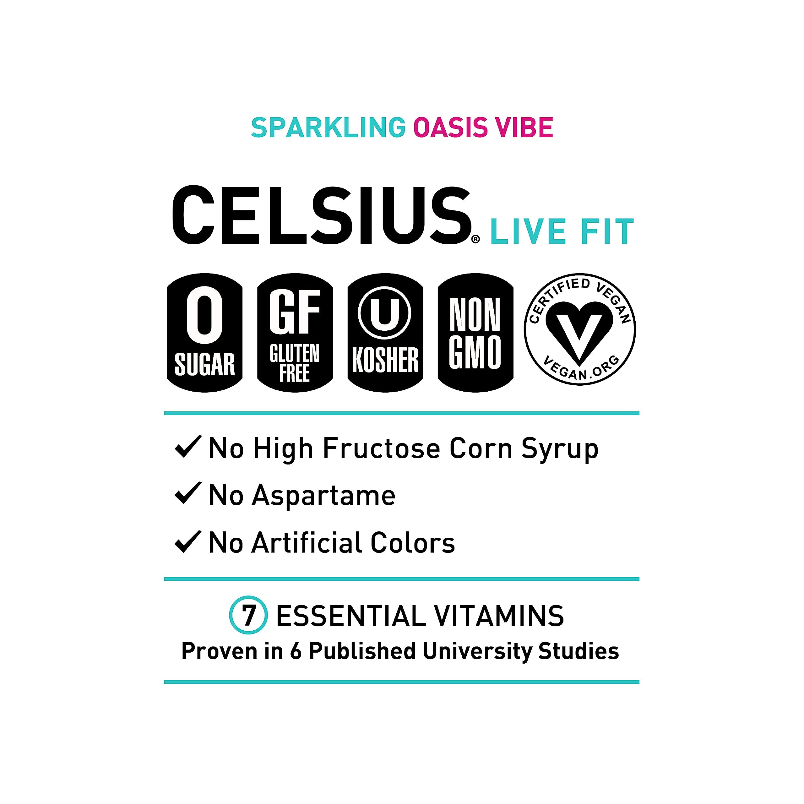 CELSIUS logo close-up on Oasis Vibe can, premium energy branding.