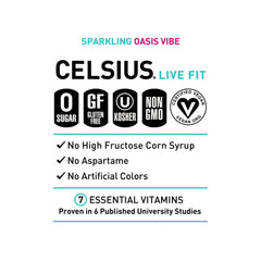 CELSIUS logo close-up on Oasis Vibe can, premium energy branding.