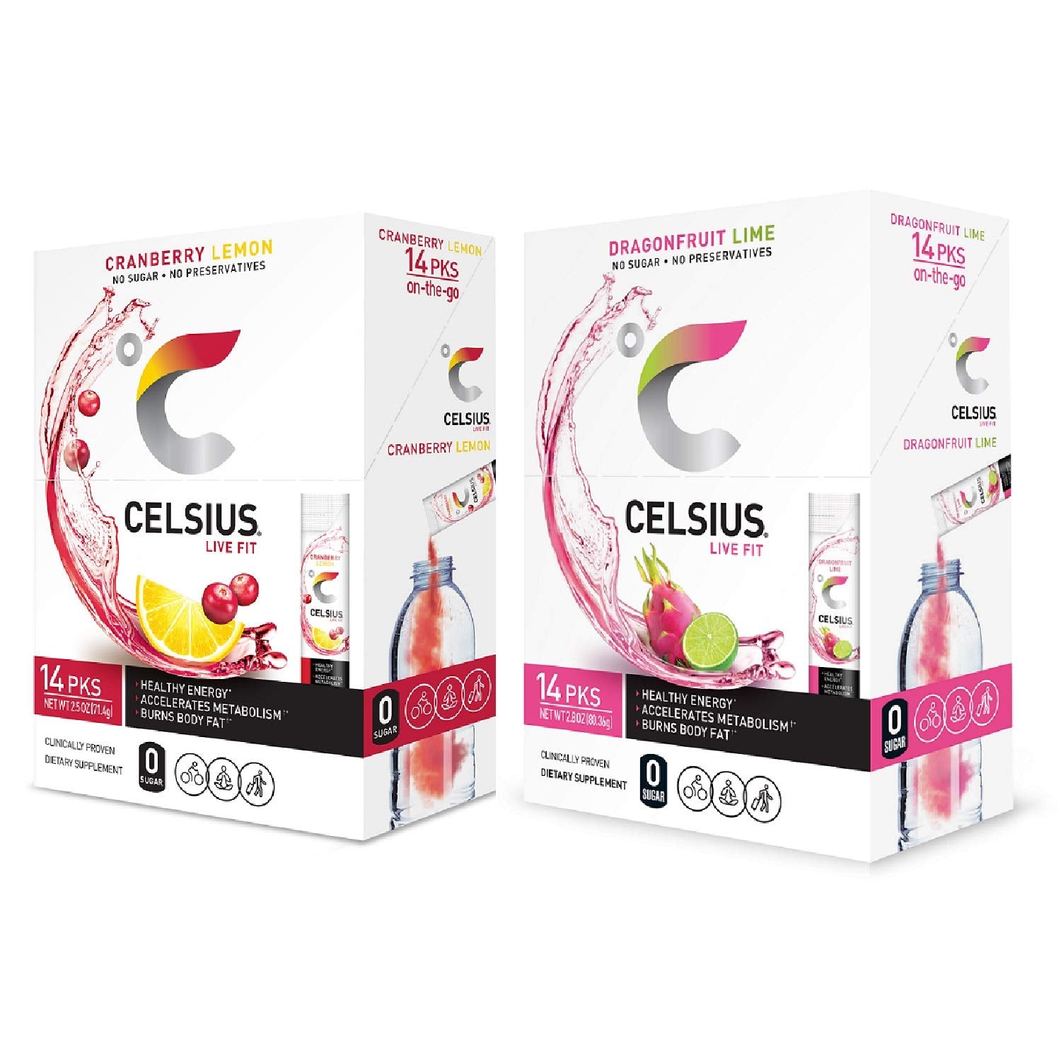 Celsius On-The-Go Dragonfruit Lime packet for zero sugar energy on the move.