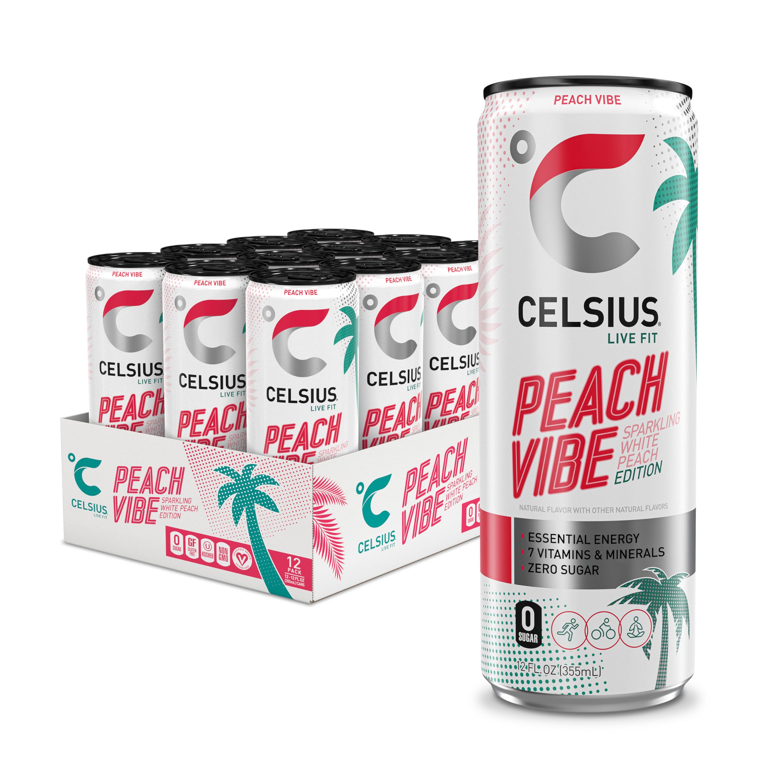 Celsius Peach Vibe can front view for an energy boost on the go.