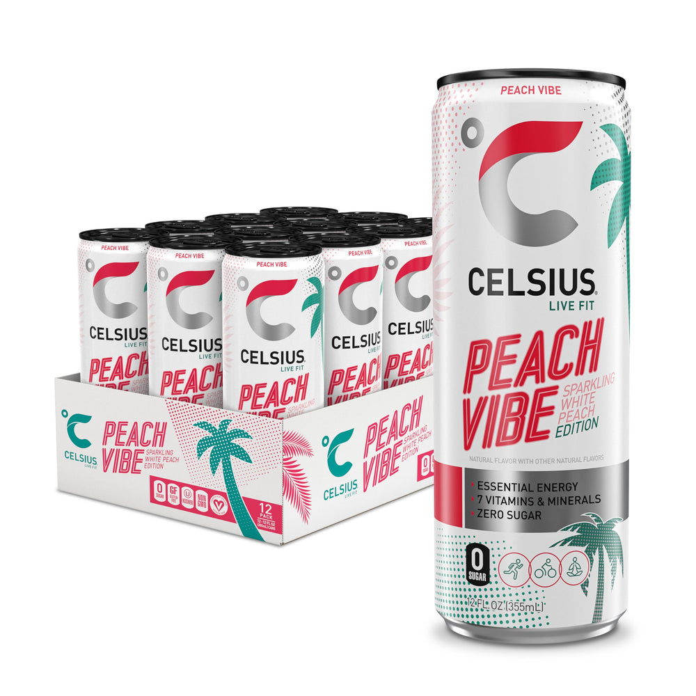 Celsius Peach Vibe can front view for an energy boost on the go.
