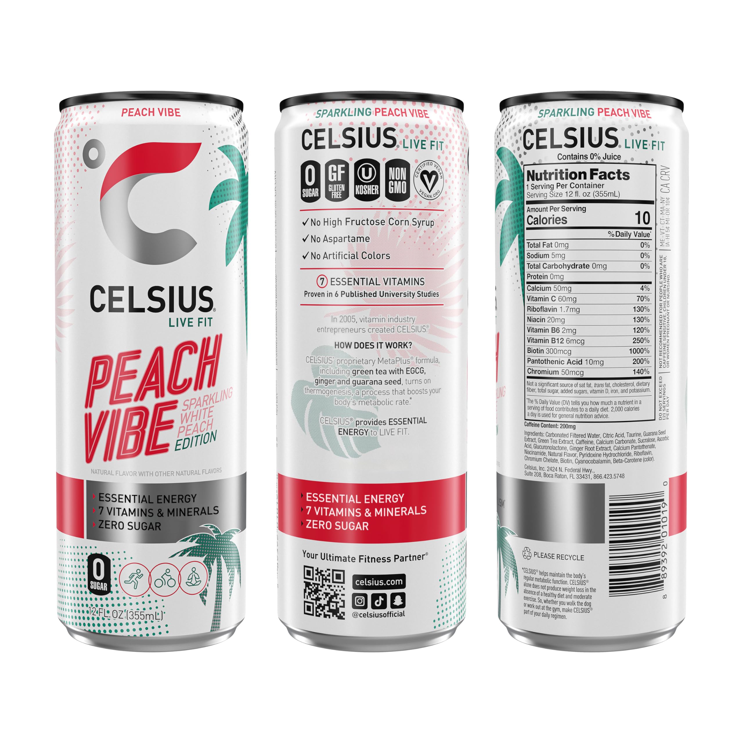 Celsius Peach Vibe can side view, compact energy for workouts and focus.