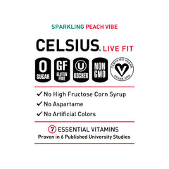 Celsius Peach Vibe ingredients glass, highlighting premium energy blend.