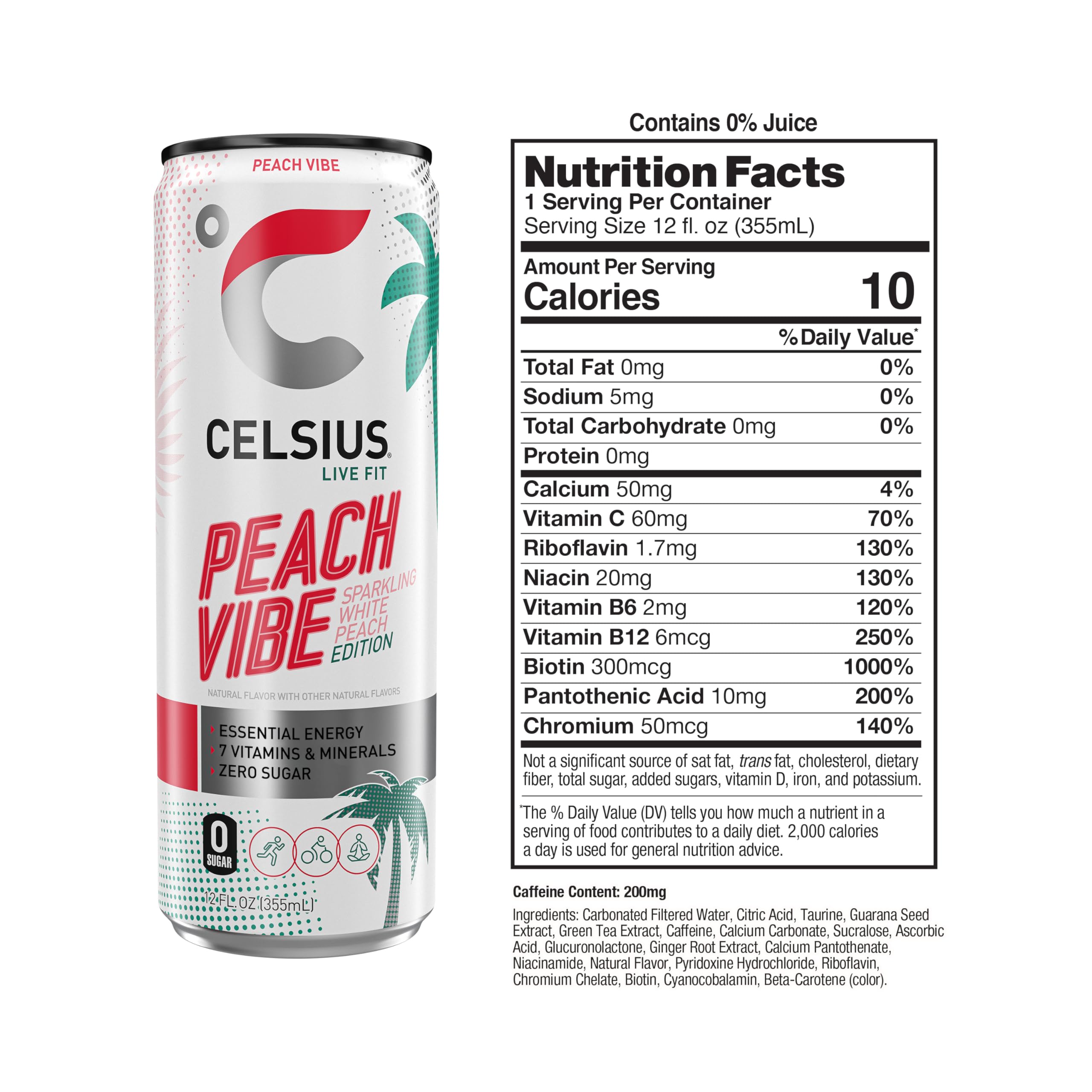 Celsius Peach Vibe 12-pack image, portable energy for daily routines.
