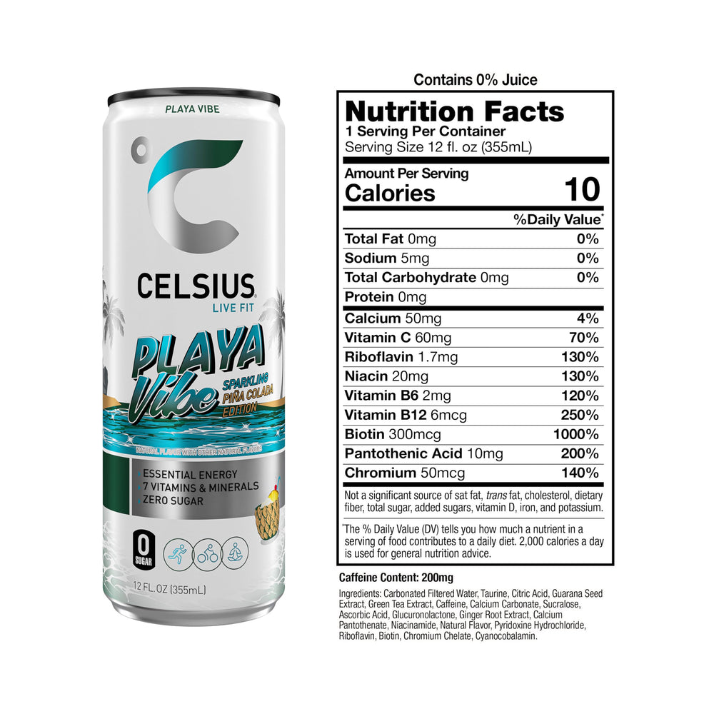 CELSIUS Playa Vibe can closeup, tropical aroma and clean energy boost.