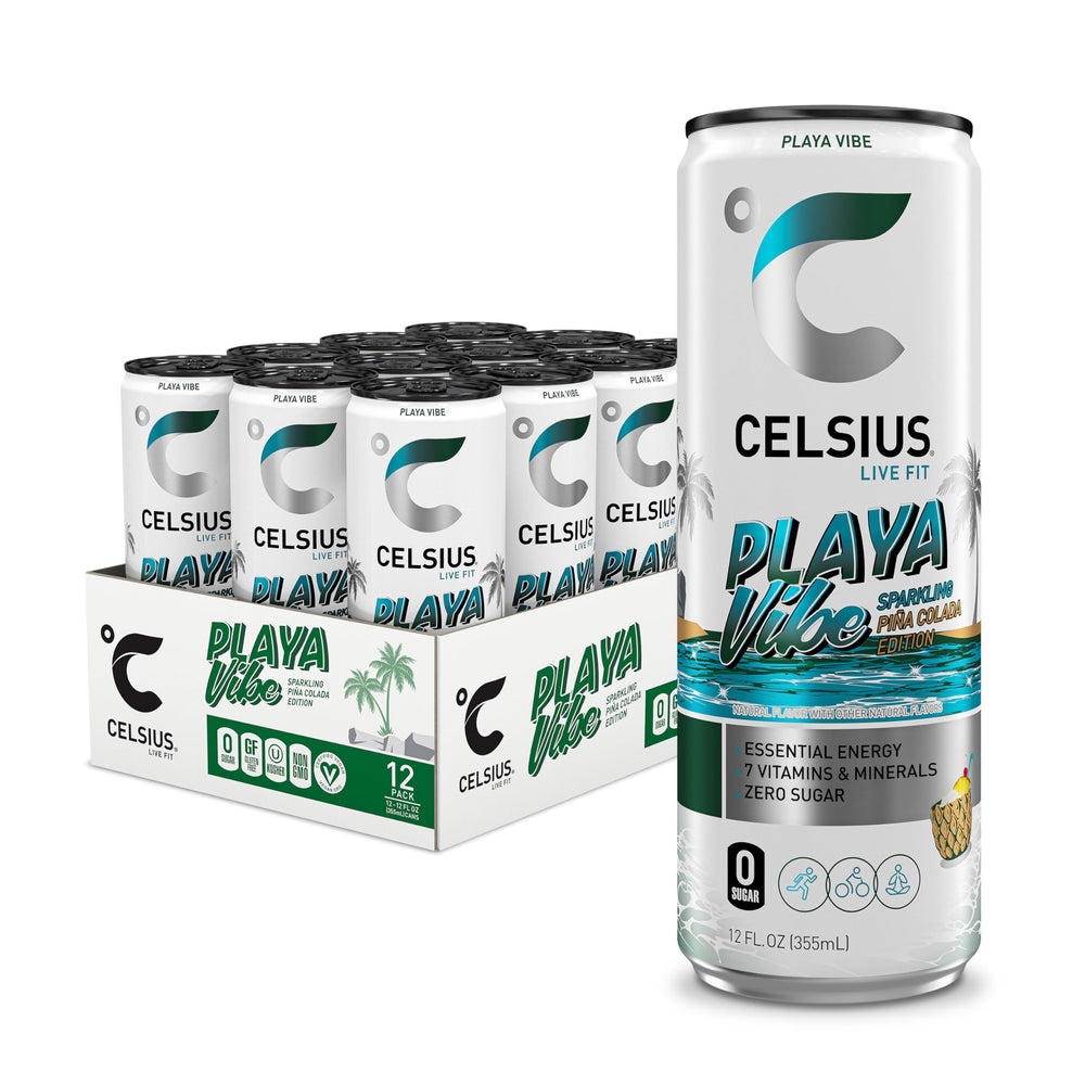 CELSIUS Playa Vibe Piña Colada can front, sugar-free energy with pineapple flavors.