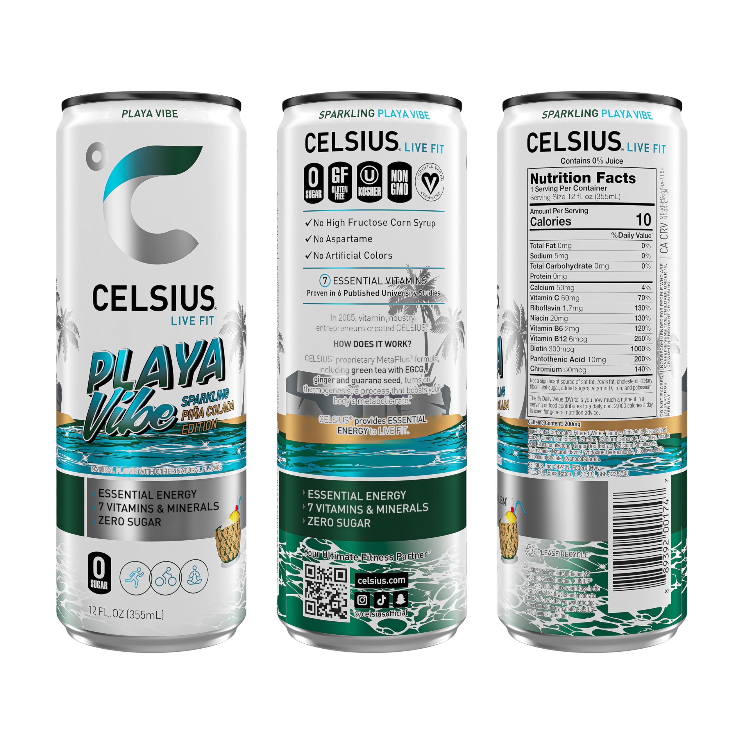 CELSIUS Playa Vibe can side, convenient 12-pack for on-the-go energy.