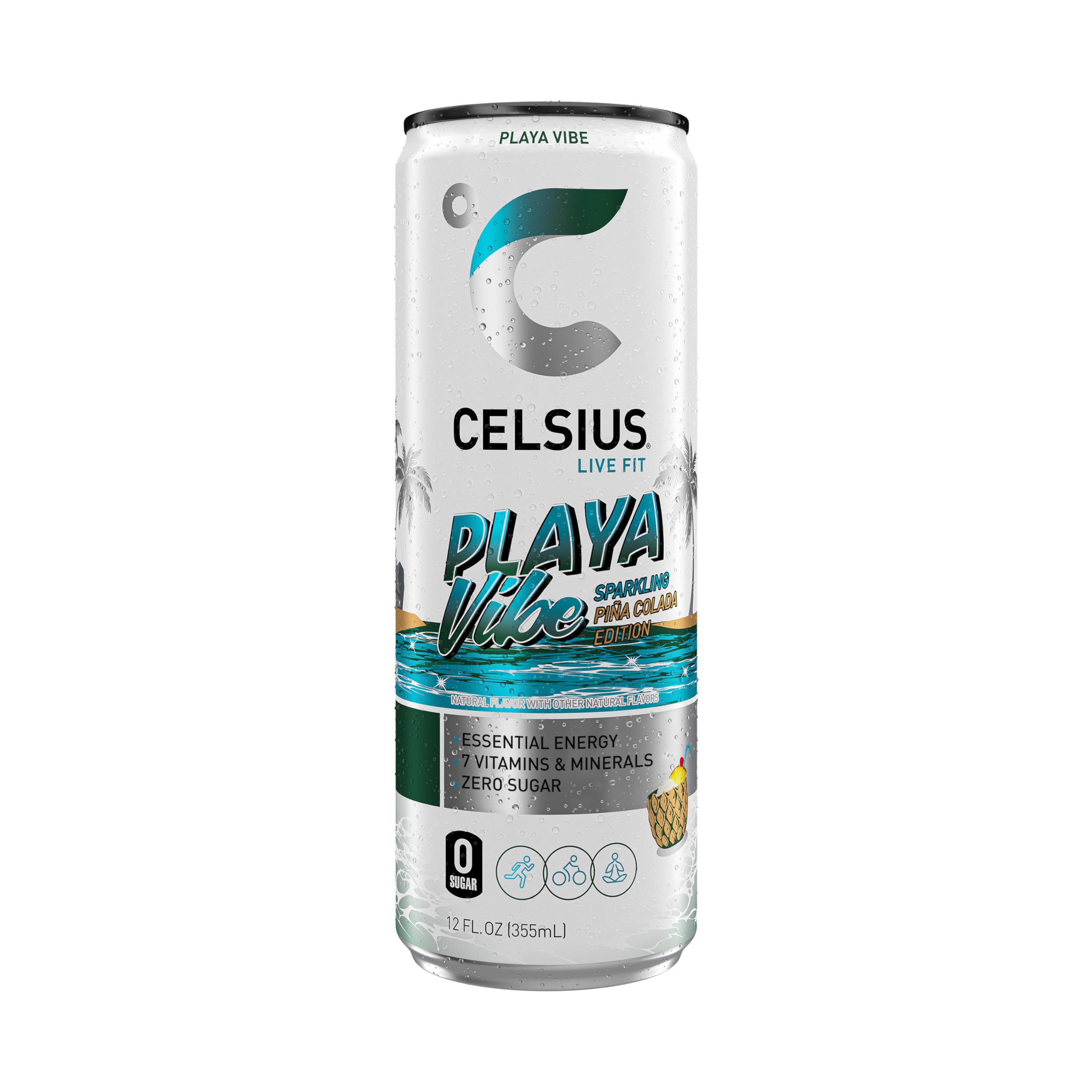 CELSIUS Playa Vibe glass pour captures fizzy bubbles and tropical finish.