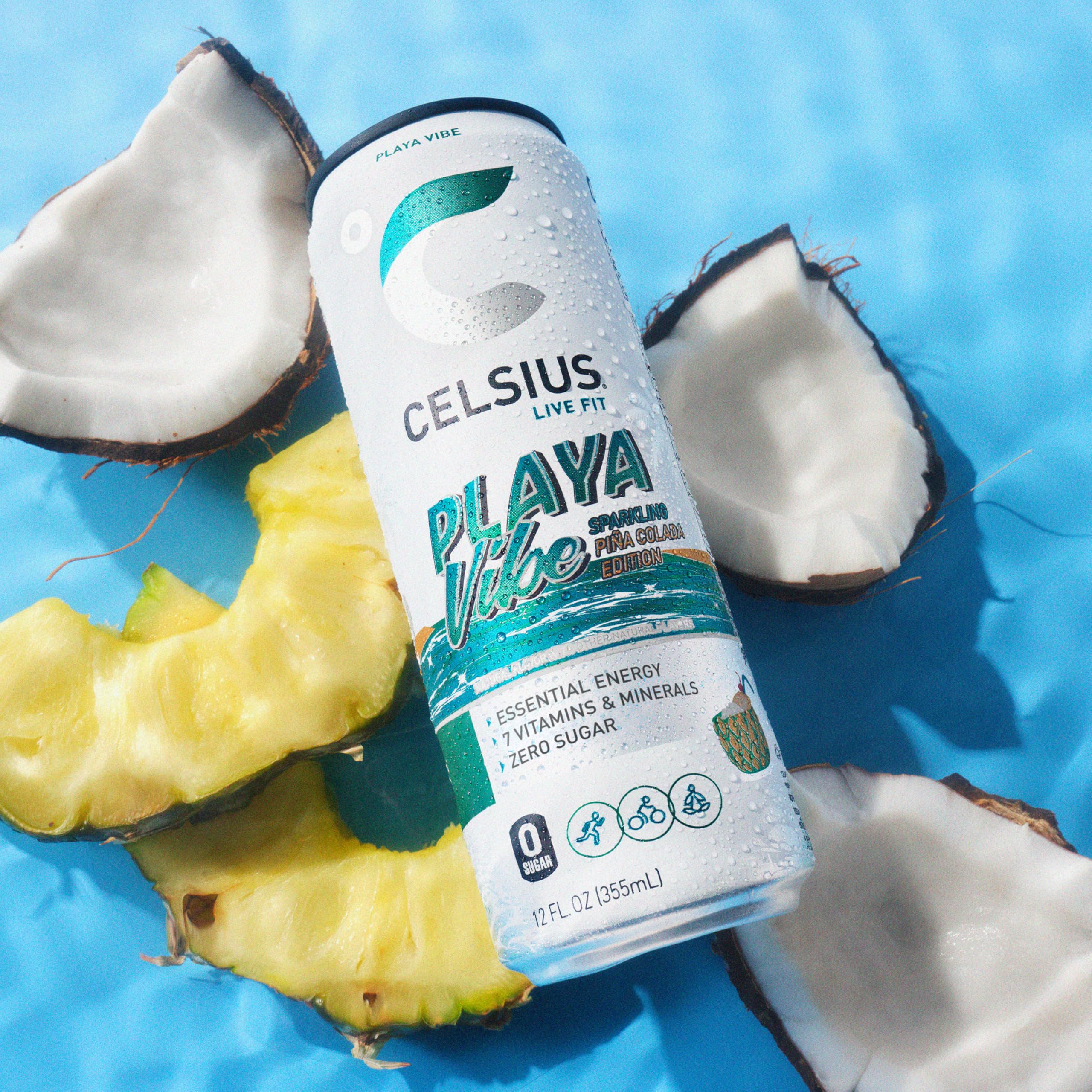 CELSIUS Playa Vibe ingredients label highlights non-GMO, vegan, and sugar-free formula.